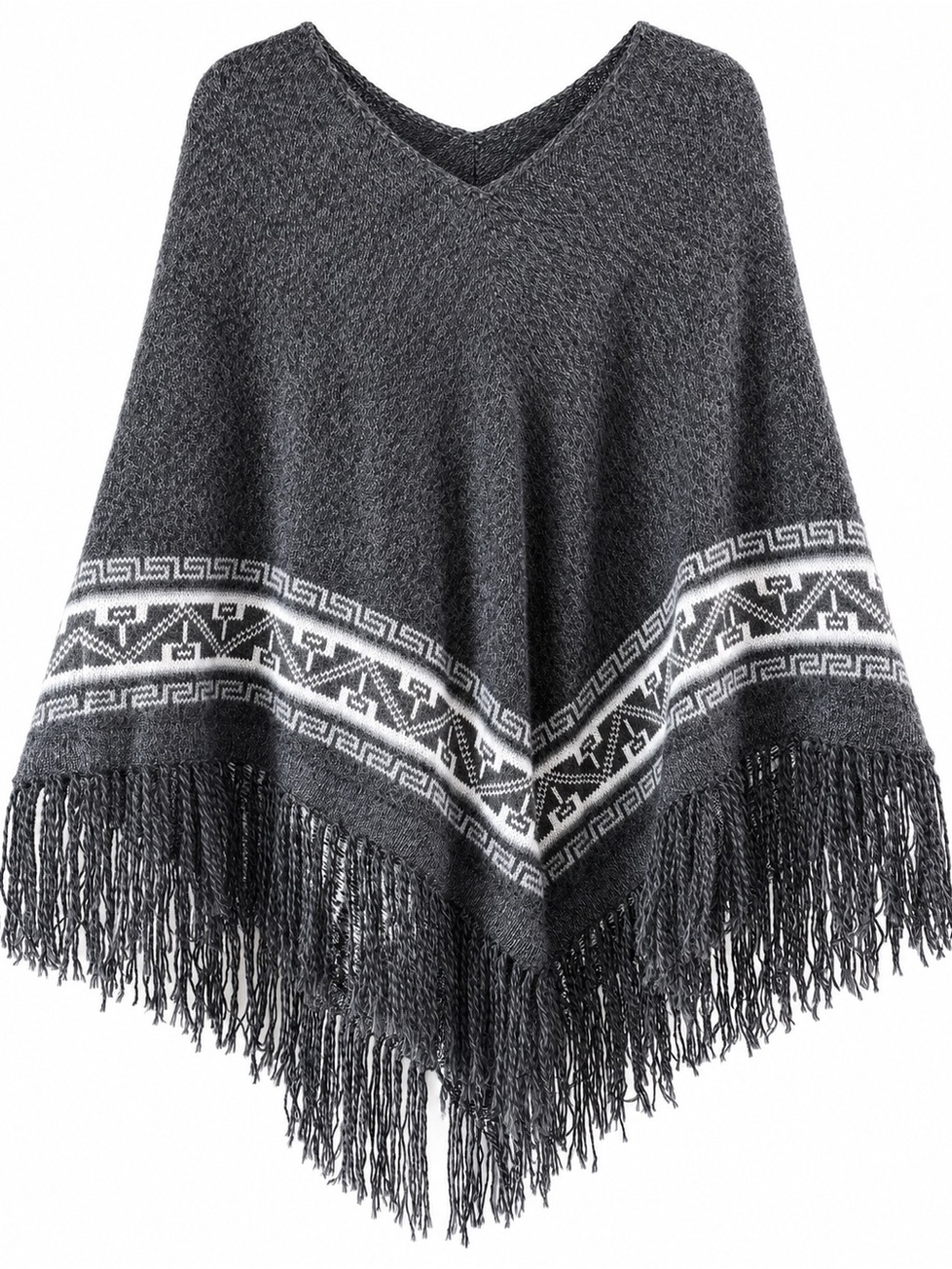 Charcoal V-Neck Fringe Poncho Sweater - Women's